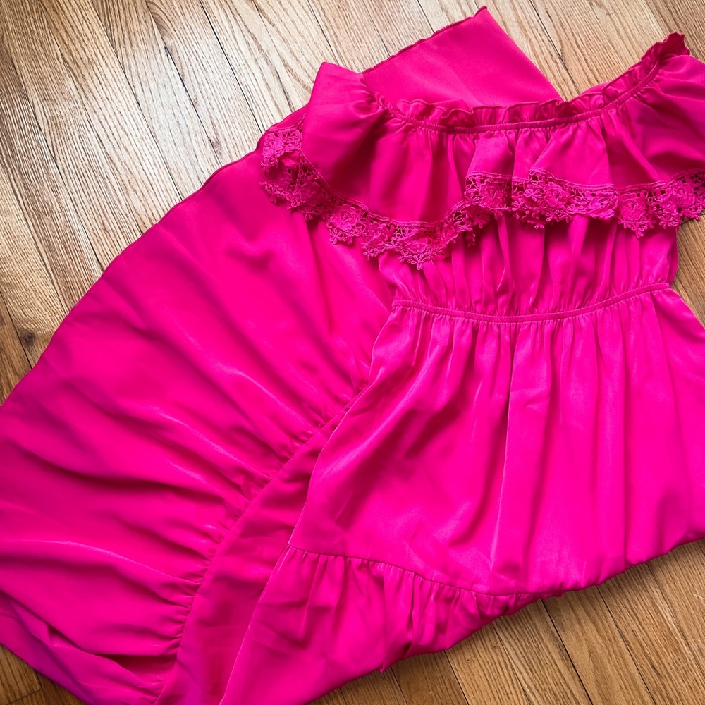 Magenta / bright pink off the shoulder midi dress with lace trim detail